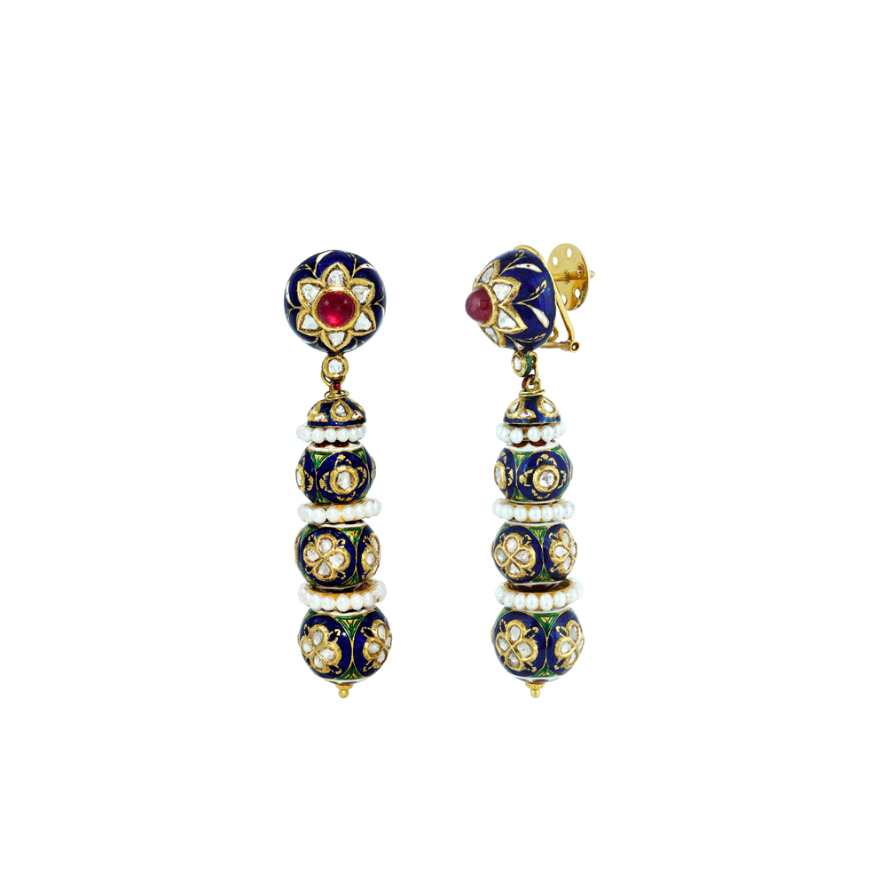 Floral Ruby Stud Earrings with Blue Meenakari and Polki Beads